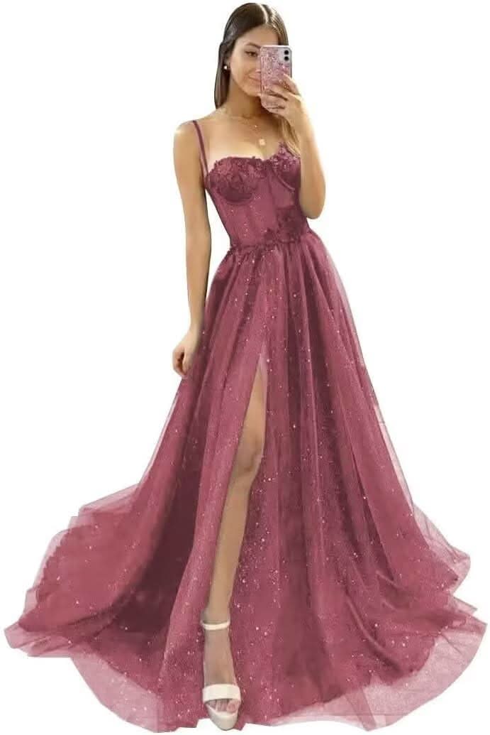 Glitter Tulle Prom Dresses Long 2025 Spaghetti Straps Sweetheart 3D Flowers Evening Party Gowns with Slit - Bmbride