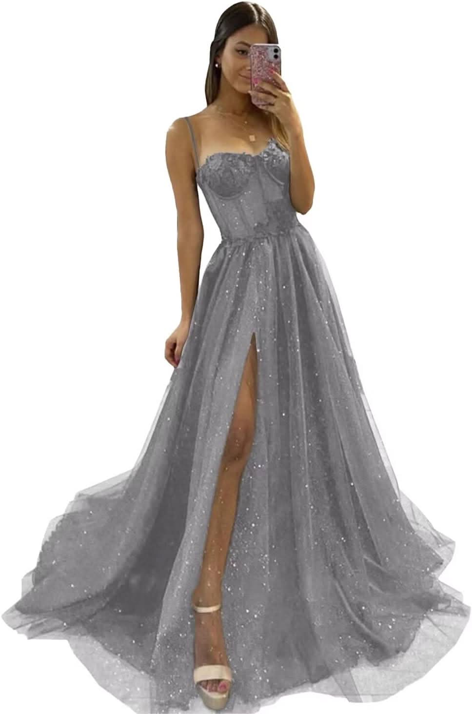 Glitter Tulle Prom Dresses Long 2025 Spaghetti Straps Sweetheart 3D Flowers Evening Party Gowns with Slit - Bmbride