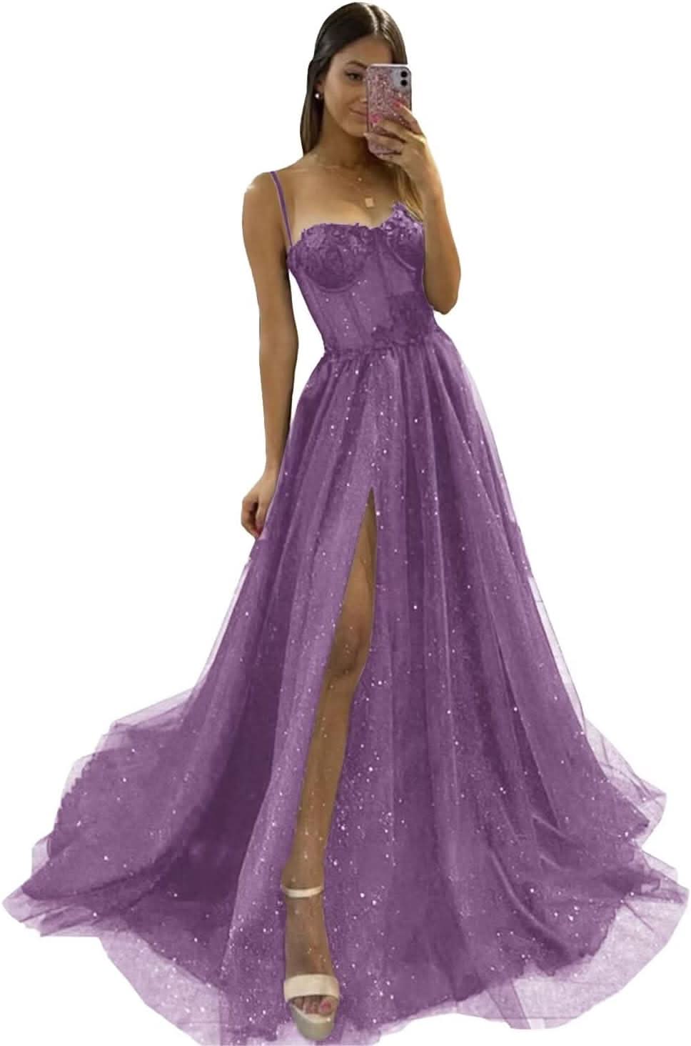Glitter Tulle Prom Dresses Long 2025 Spaghetti Straps Sweetheart 3D Flowers Evening Party Gowns with Slit - Bmbride