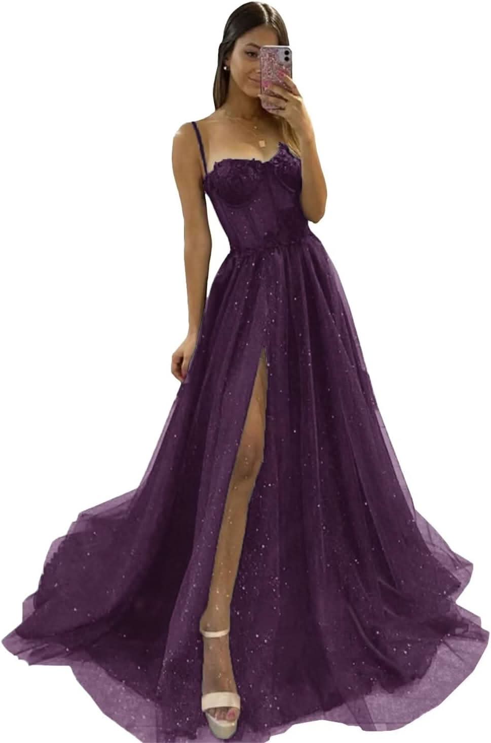Glitter Tulle Prom Dresses Long 2025 Spaghetti Straps Sweetheart 3D Flowers Evening Party Gowns with Slit - Bmbride
