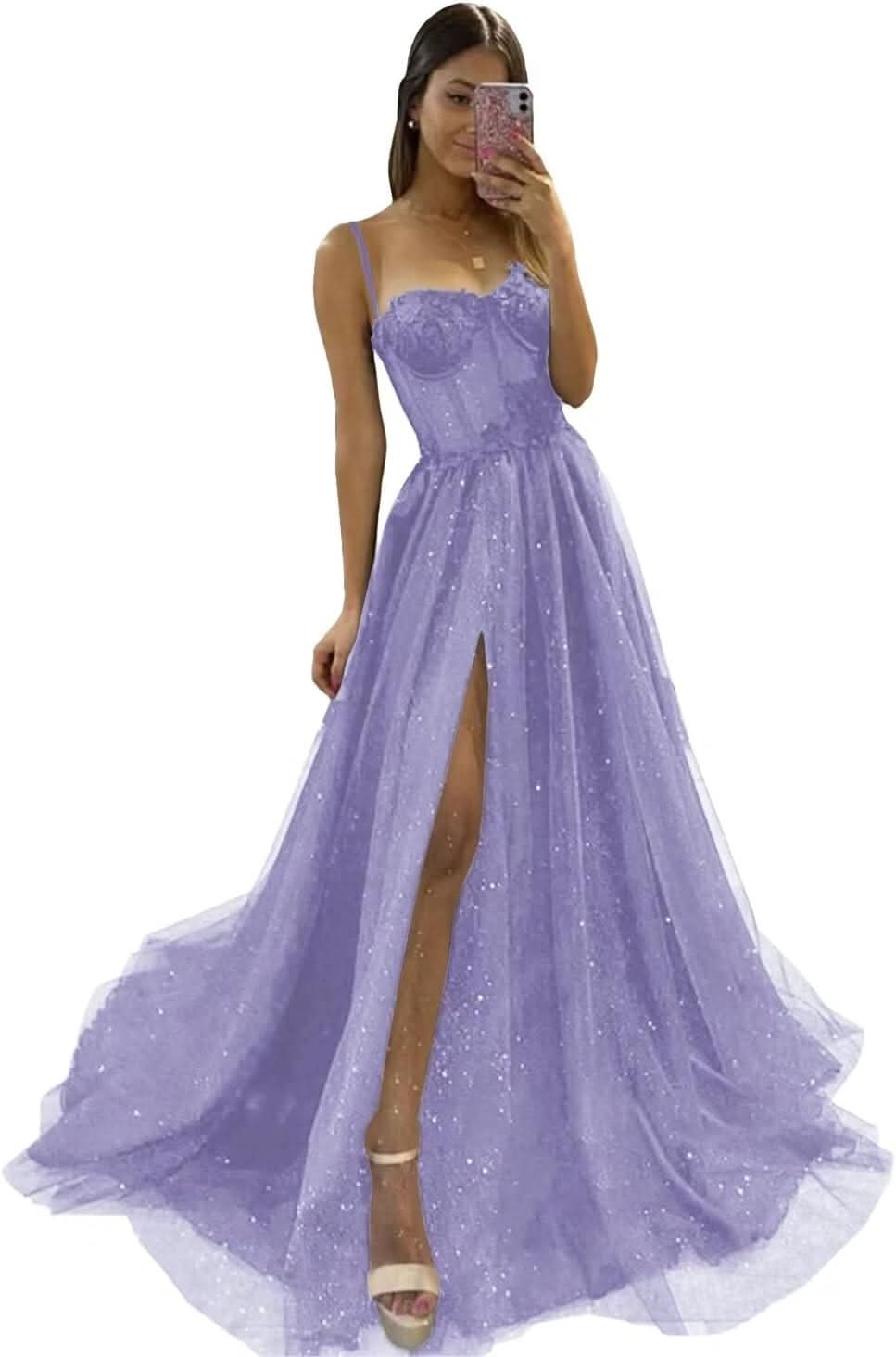 Glitter Tulle Prom Dresses Long 2025 Spaghetti Straps Sweetheart 3D Flowers Evening Party Gowns with Slit - Bmbride