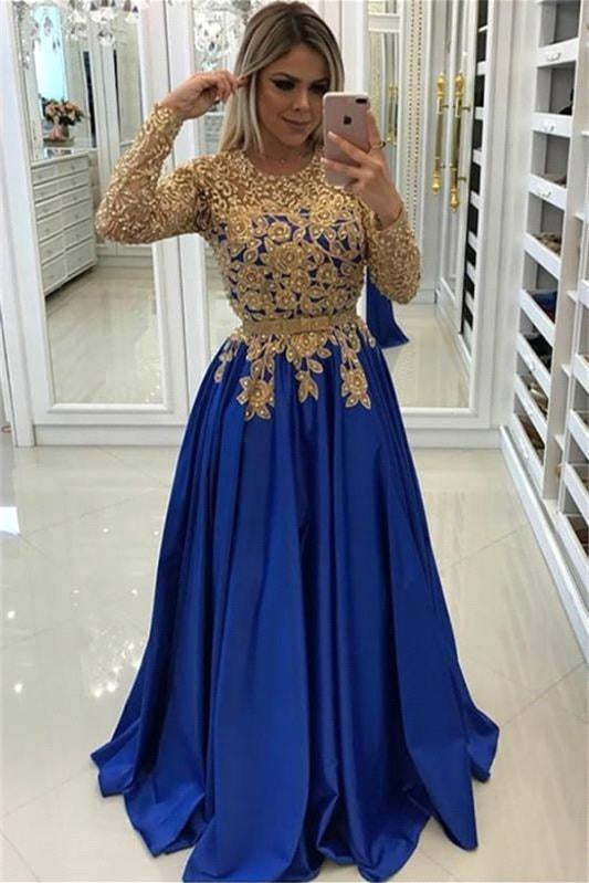 BMbride Gold Beads Lace Appliques Evening Dress with Sleeves BMbride