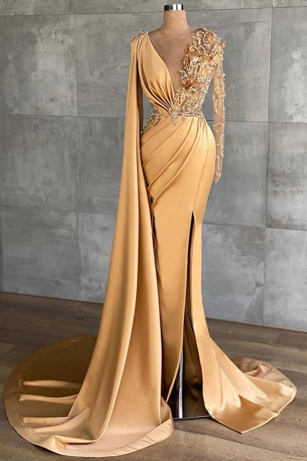 BMbride Gold Long Glitter Prom Dresses Evening dresses with sleeves BMbride