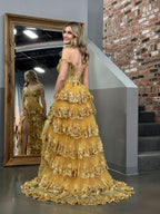 Gorgeous Gold Princess A-Line Off-the-Shoulder Corset Prom Dress with Lace Ruffles BM bride