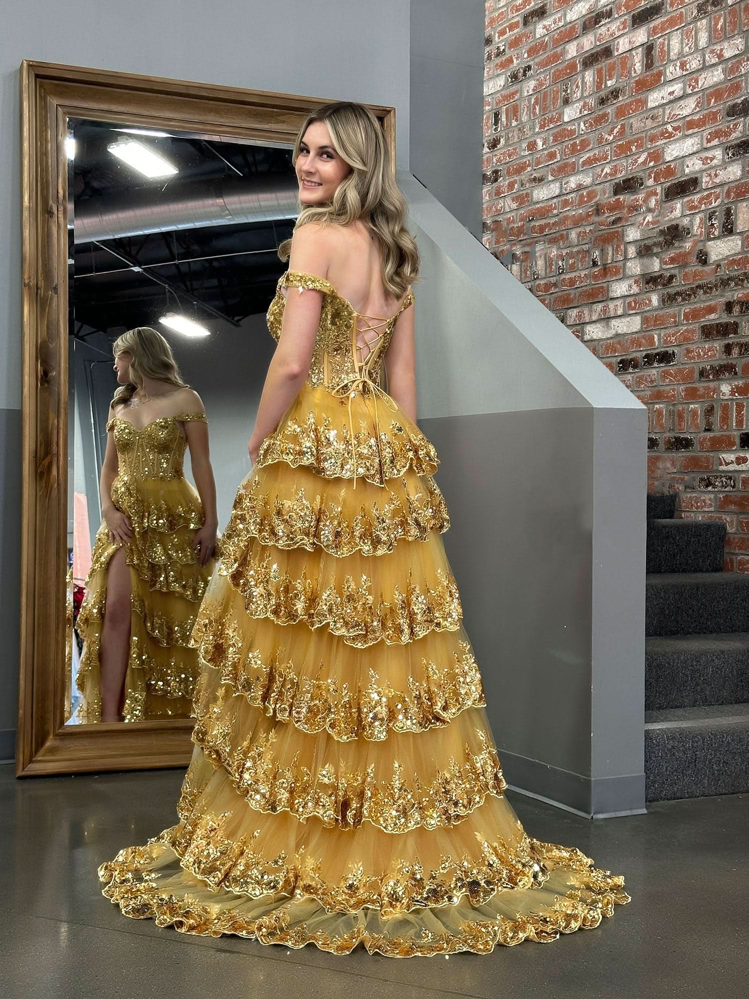 Gorgeous Gold Princess A-Line Off-the-Shoulder Corset Prom Dress with Lace Ruffles BM bride