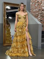 Gorgeous Gold Princess A-Line Off-the-Shoulder Corset Prom Dress with Lace Ruffles BM bride