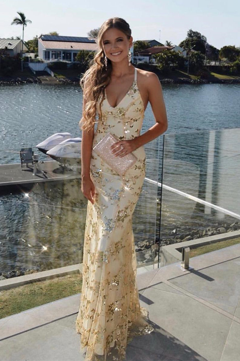 Glamorous Lace-Up Mermaid Long Gold Prom Dress with Sequins BM bride