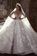 Gorgeous Beading Floral Bridal Wears Sheer Neck Long Sleeves Princess Wedding Dress BM bride