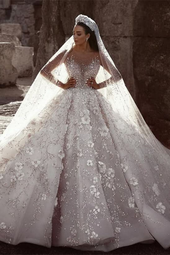 Gorgeous Beading Floral Bridal Wears Sheer Neck Long Sleeves Princess Wedding Dress BM bride