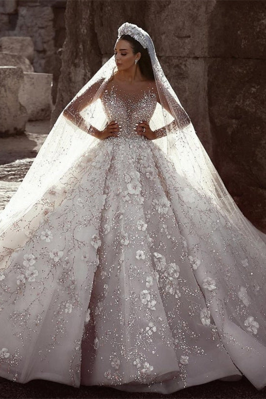 Gorgeous Beading Floral Bridal Wears Sheer Neck Long Sleeves Princess Wedding Dress BM bride