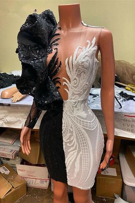 BMbride Gorgeous Bicolor V-neck Appliques Lace Mini Column Prom Dresses BMbride