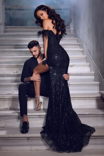 BMbride Gorgeous Black Long Off-the-shoulder Lace Sequined Evening Dresses With Slit BMbride