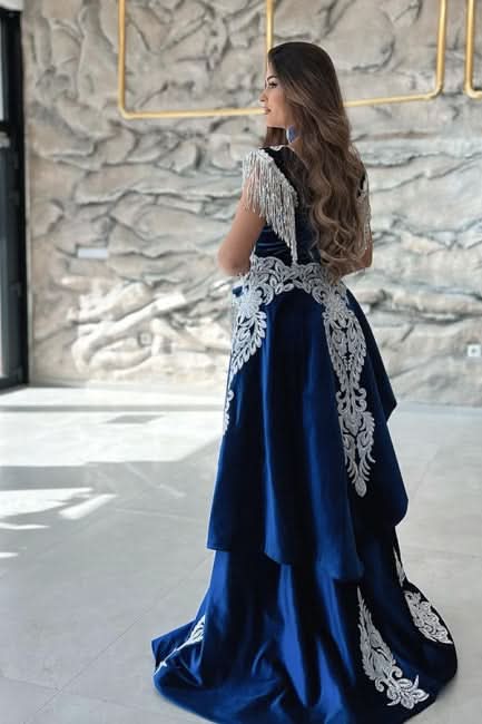 BMbride Gorgeous Blue Sweetheart Column Appliques Sleeveless Split Front Floor-length Prom Dresses with Train BMbride