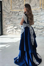 BMbride Gorgeous Blue Sweetheart Column Appliques Sleeveless Split Front Floor-length Prom Dresses with Train BMbride