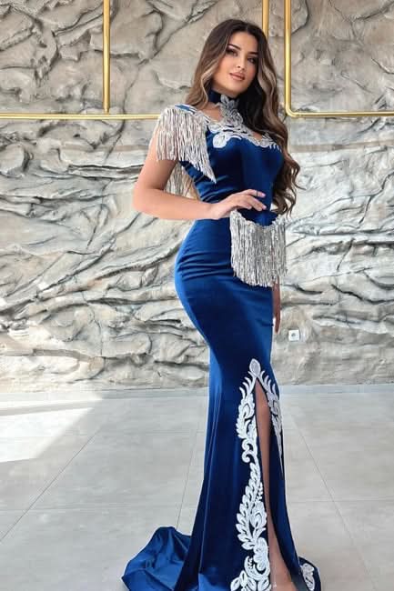 BMbride Gorgeous Blue Sweetheart Column Appliques Sleeveless Split Front Floor-length Prom Dresses with Train BMbride