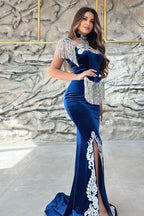 BMbride Gorgeous Blue Sweetheart Column Appliques Sleeveless Split Front Floor-length Prom Dresses with Train BMbride