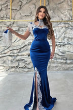 BMbride Gorgeous Blue Sweetheart Column Appliques Sleeveless Split Front Floor-length Prom Dresses with Train BMbride