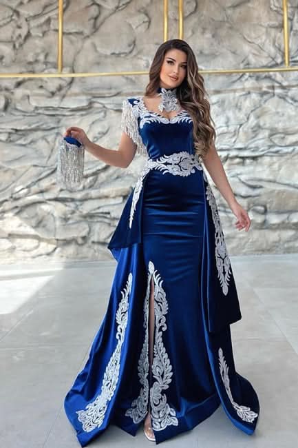BMbride Gorgeous Blue Sweetheart Column Appliques Sleeveless Split Front Floor-length Prom Dresses with Train BMbride
