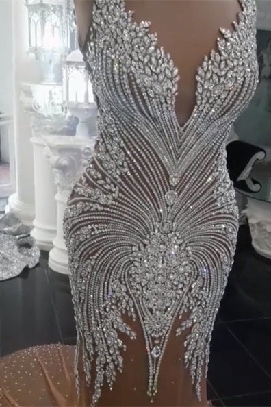 Gorgeous Crystals Mermaid Wedding Dress V-Neck Backless Champagne Bridal Wears BM bride