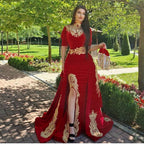BMbride Gorgeous Halter Red Velvet Mermaid Evening Gown with Gold Appliques Half Sleeves BMbride