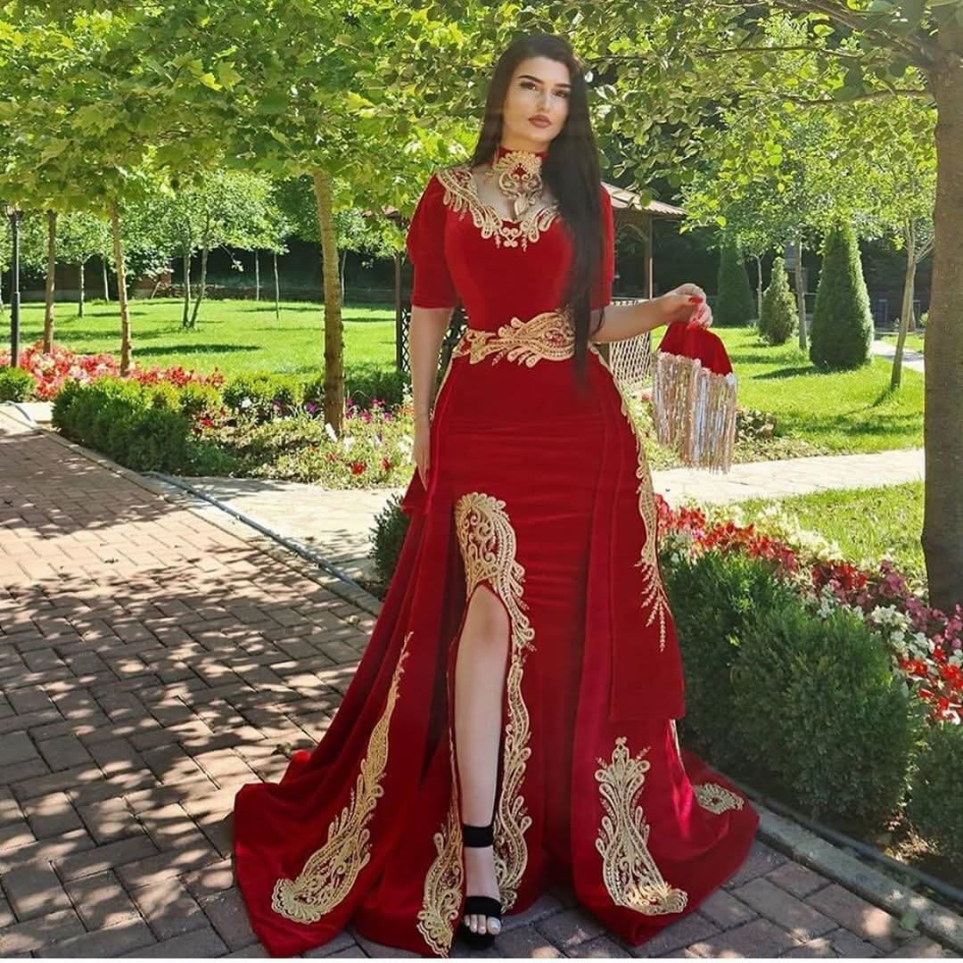BMbride Gorgeous Halter Red Velvet Mermaid Evening Gown with Gold Appliques Half Sleeves BMbride