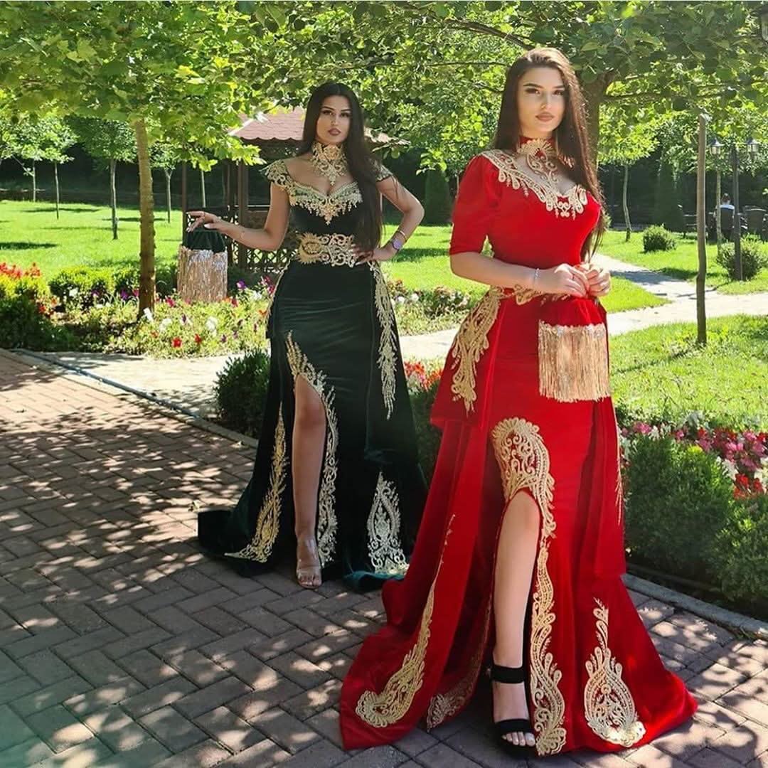 BMbride Gorgeous Halter Red Velvet Mermaid Evening Gown with Gold Appliques Half Sleeves BMbride