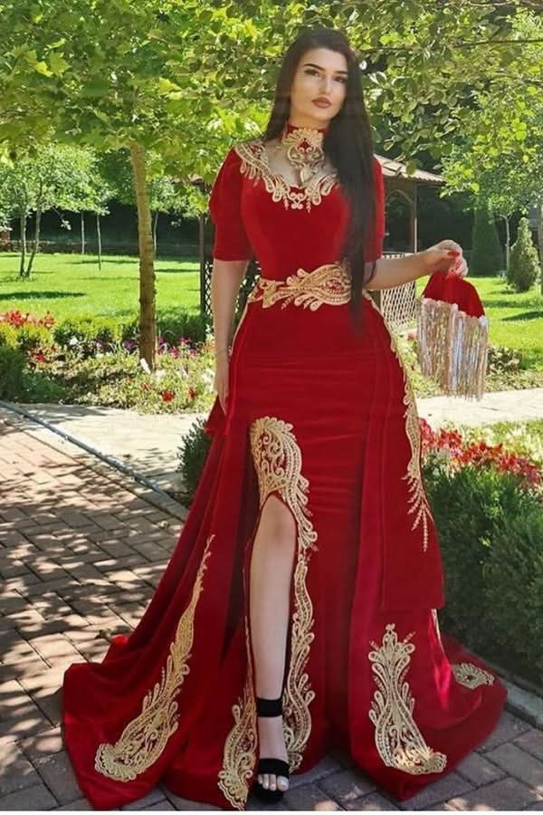 BMbride Gorgeous Halter Red Velvet Mermaid Evening Gown with Gold Appliques Half Sleeves BMbride