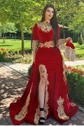 BMbride Gorgeous Halter Red Velvet Mermaid Evening Gown with Gold Appliques Half Sleeves BMbride