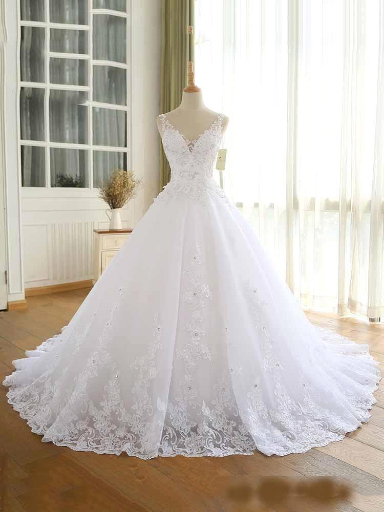 Gorgeous Lace Beaded Wedding Dress New Arrival V-Neck Straps Long Princess Wedding Party Bridal Dress BM bride