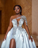 BMbride Gorgeous Long A-line One Shoulder Beading Wedding Dress With Slit BMbride