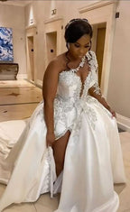 BMbride Gorgeous Long A-line One Shoulder Beading Wedding Dress With Slit BMbride