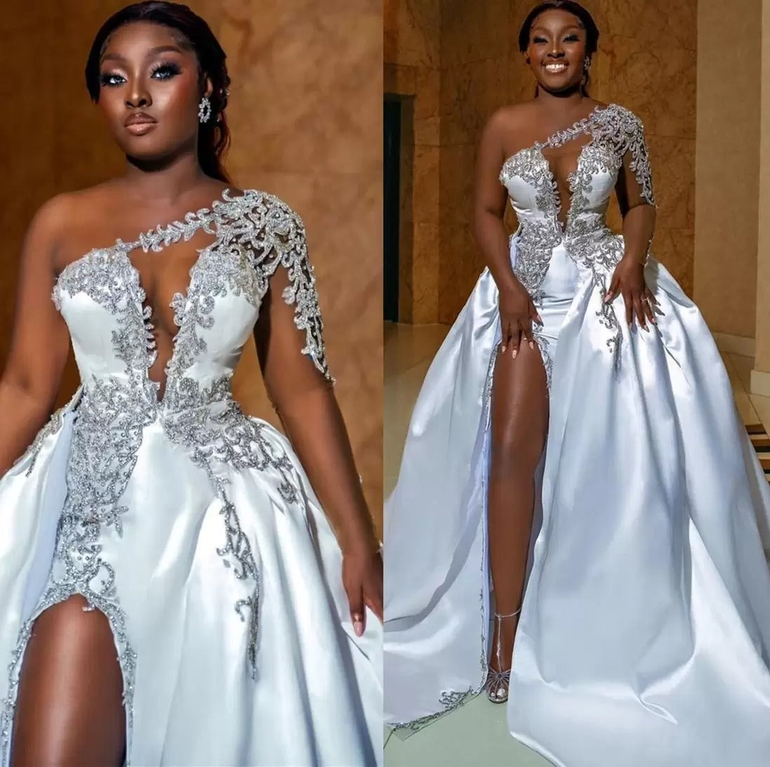 BMbride Gorgeous Long A-line One Shoulder Beading Wedding Dress With Slit BMbride