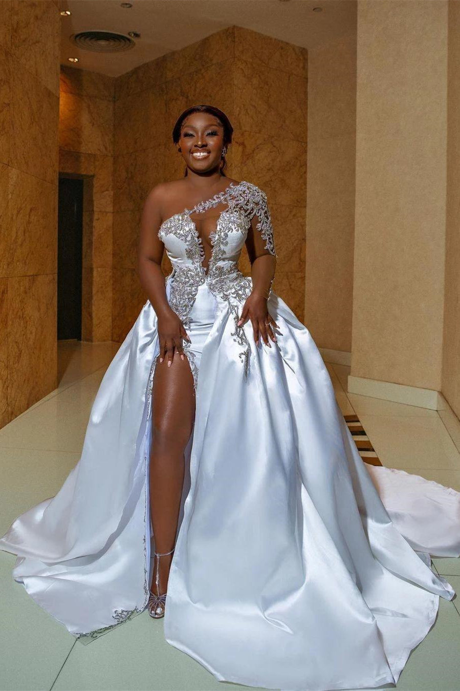 BMbride Gorgeous Long A-line One Shoulder Beading Wedding Dress With Slit BMbride