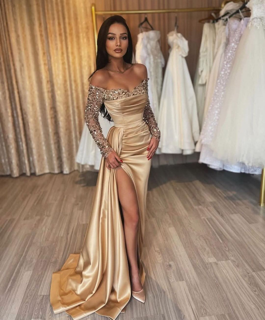 BMbride Gorgeous Long Champagne Off-the-shoulder Sequined Split Prom Dress With Long Sleeves BMbride