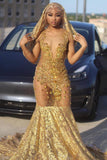 BMbride Gorgeous Long Gold Mermaid Lace Sleeveless Sexy Prom Dress BMbride