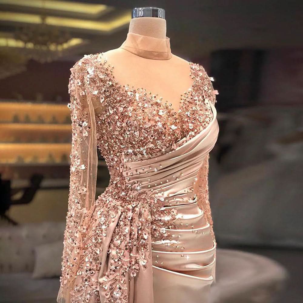 BMbride Gorgeous Long High Neck Beading Sequined Prom Dress With Long Sleeves BMbride