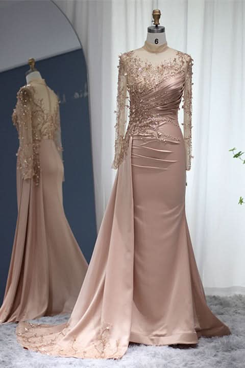 BMbride Gorgeous Long High Neck Beading Sequined Prom Dress With Long Sleeves BMbride