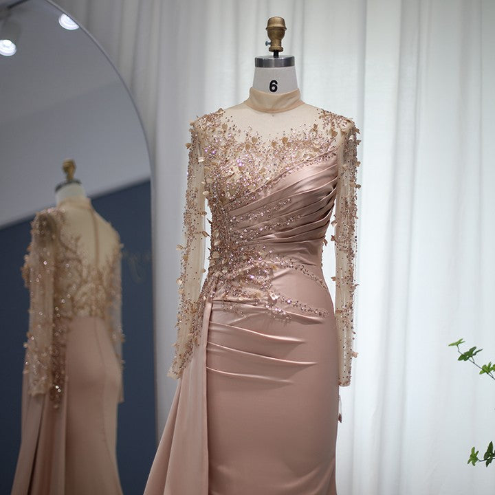 BMbride Gorgeous Long High Neck Beading Sequined Prom Dress With Long Sleeves BMbride