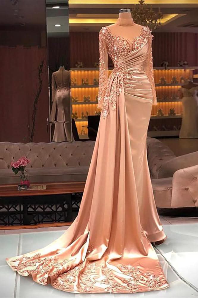 BMbride Gorgeous Long High Neck Beading Sequined Prom Dress With Long Sleeves BMbride