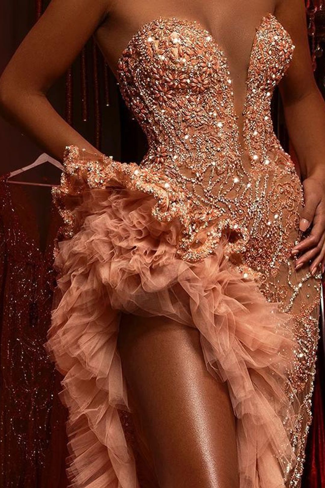 BMbride Gorgeous Long Mermaid Beading Sleeveless Split Prom Dress With Ruffles BMbride