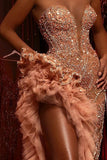 BMbride Gorgeous Long Mermaid Beading Sleeveless Split Prom Dress With Ruffles BMbride