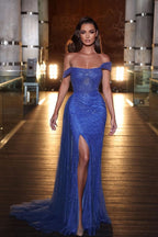 BMbride Gorgeous Long Mermaid Off-the-shoulder Beading Lace Prom Dress With Slit BMbride