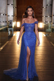 BMbride Gorgeous Long Mermaid Off-the-shoulder Beading Lace Prom Dress With Slit BMbride