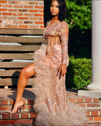 BMbride Gorgeous Long Mermaid Pink One Shoulder Long Sleeve Prom Dress With Slit BMbride