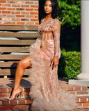 BMbride Gorgeous Long Mermaid Pink One Shoulder Long Sleeve Prom Dress With Slit BMbride