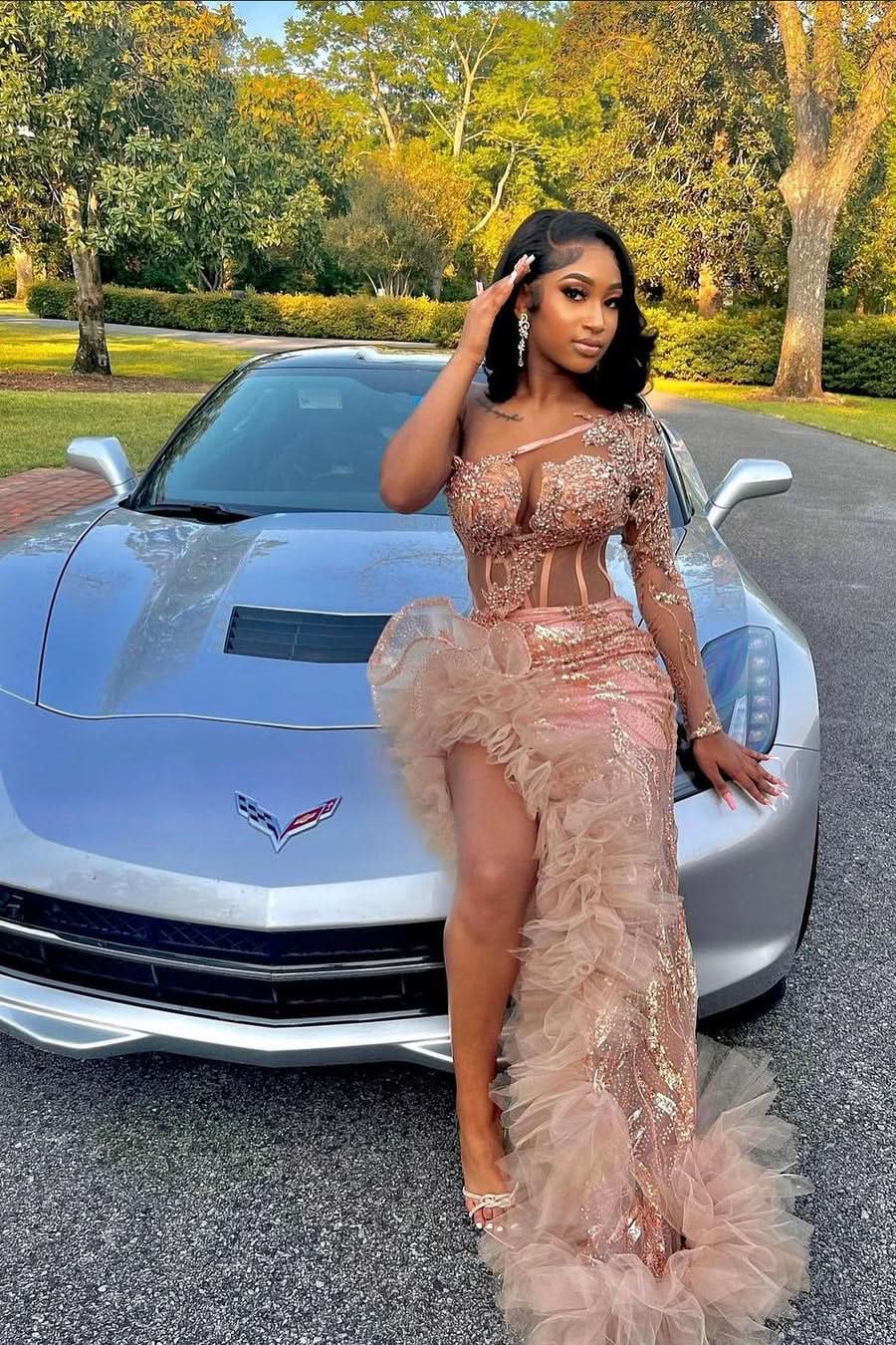 BMbride Gorgeous Long Mermaid Pink One Shoulder Long Sleeve Prom Dress With Slit BMbride