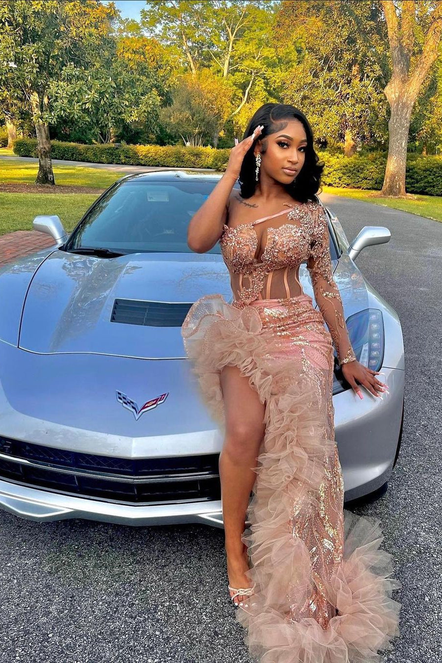 BMbride Gorgeous Long Mermaid Pink One Shoulder Long Sleeve Prom Dress With Slit BMbride