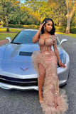 BMbride Gorgeous Long Mermaid Pink One Shoulder Long Sleeve Prom Dress With Slit BMbride