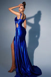 BMbride Gorgeous Long Mermaid Royal Blue One Shoulder Sequined Prom Dress With Slit BMbride