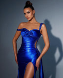 BMbride Gorgeous Long Mermaid Royal Blue One Shoulder Sequined Prom Dress With Slit BMbride